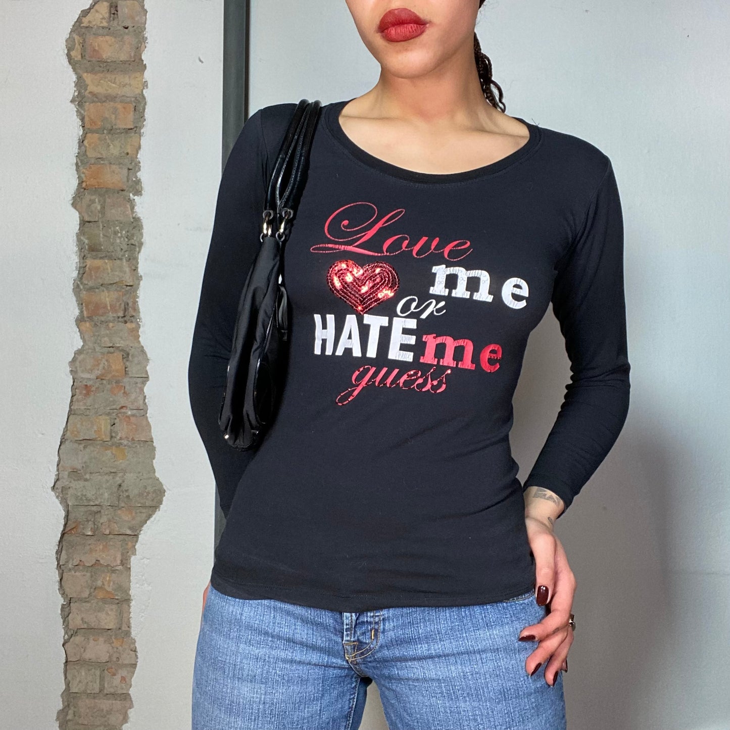 Vintage 2000's Guess Black Longsleeve with 'Love me or hate me' Print (S)