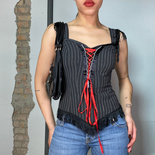 Vintage 2000's Gothic Black Corset Top with Pinstripes and Fringe (S/M)