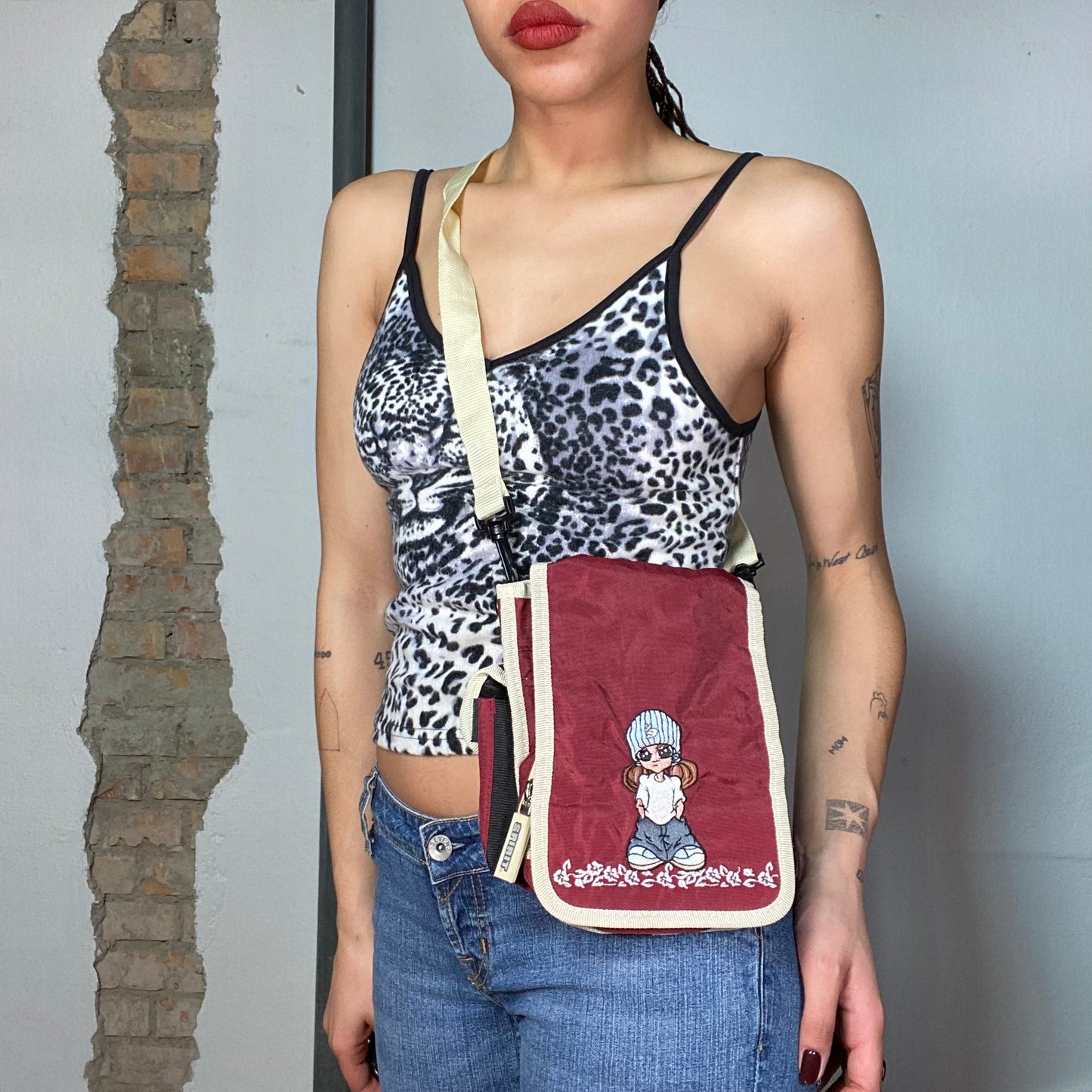 Vintage 2000's Skater Bordeaux Red Small Crossbody Messenger Bag with Beige Strap