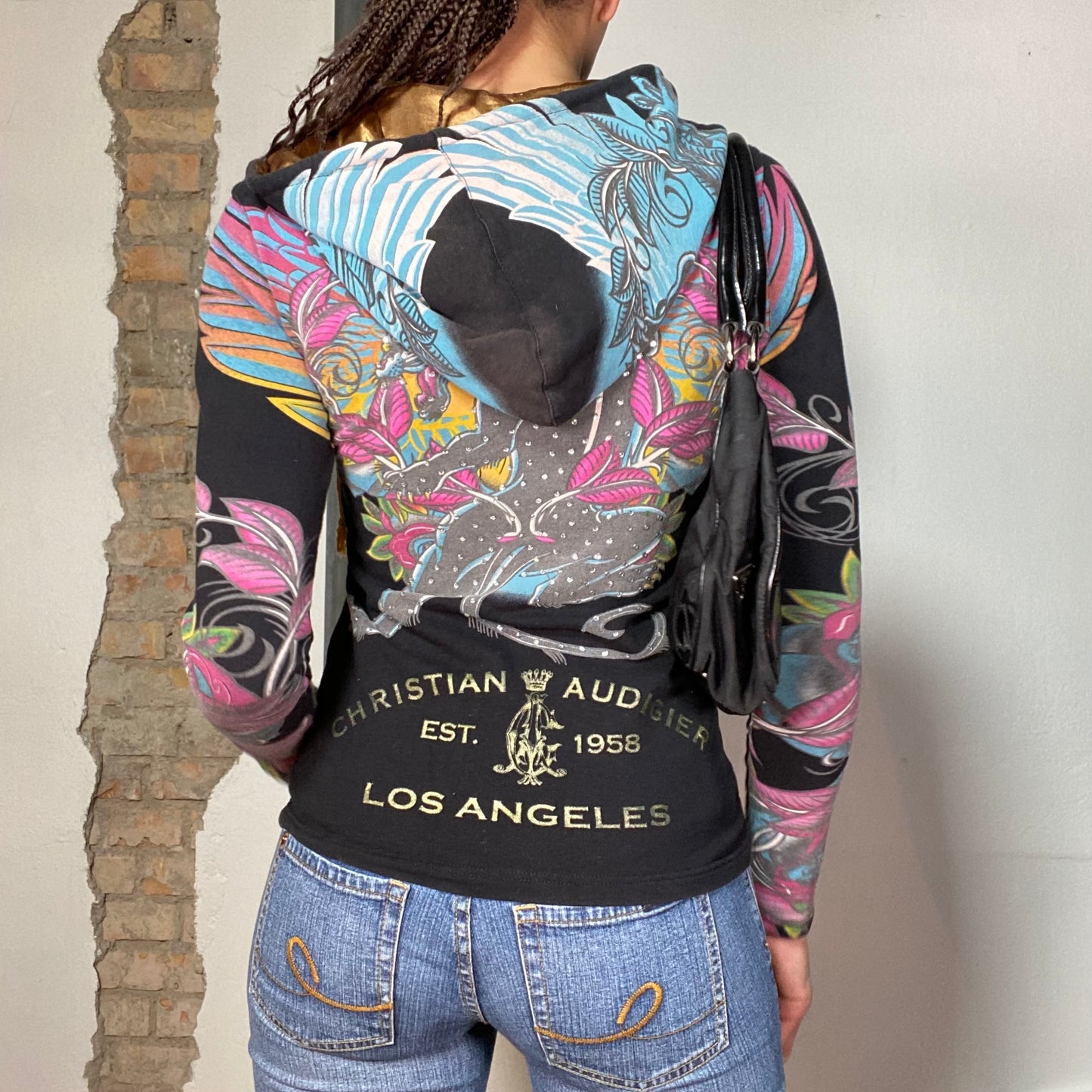 Vintage 2000's Christian Audigier Black Zip Up Hoodie with Tattoo Style Print (S)