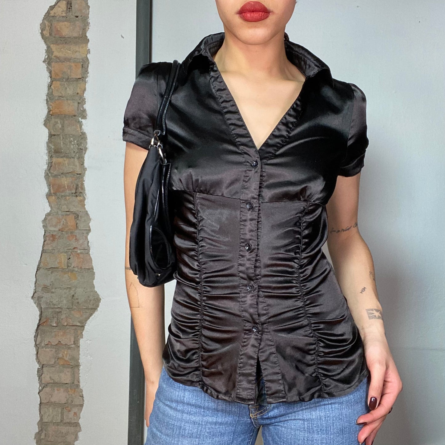 Vintage 90's Model Off Duty Black Silky Shirt with Scrunchy Details (S)