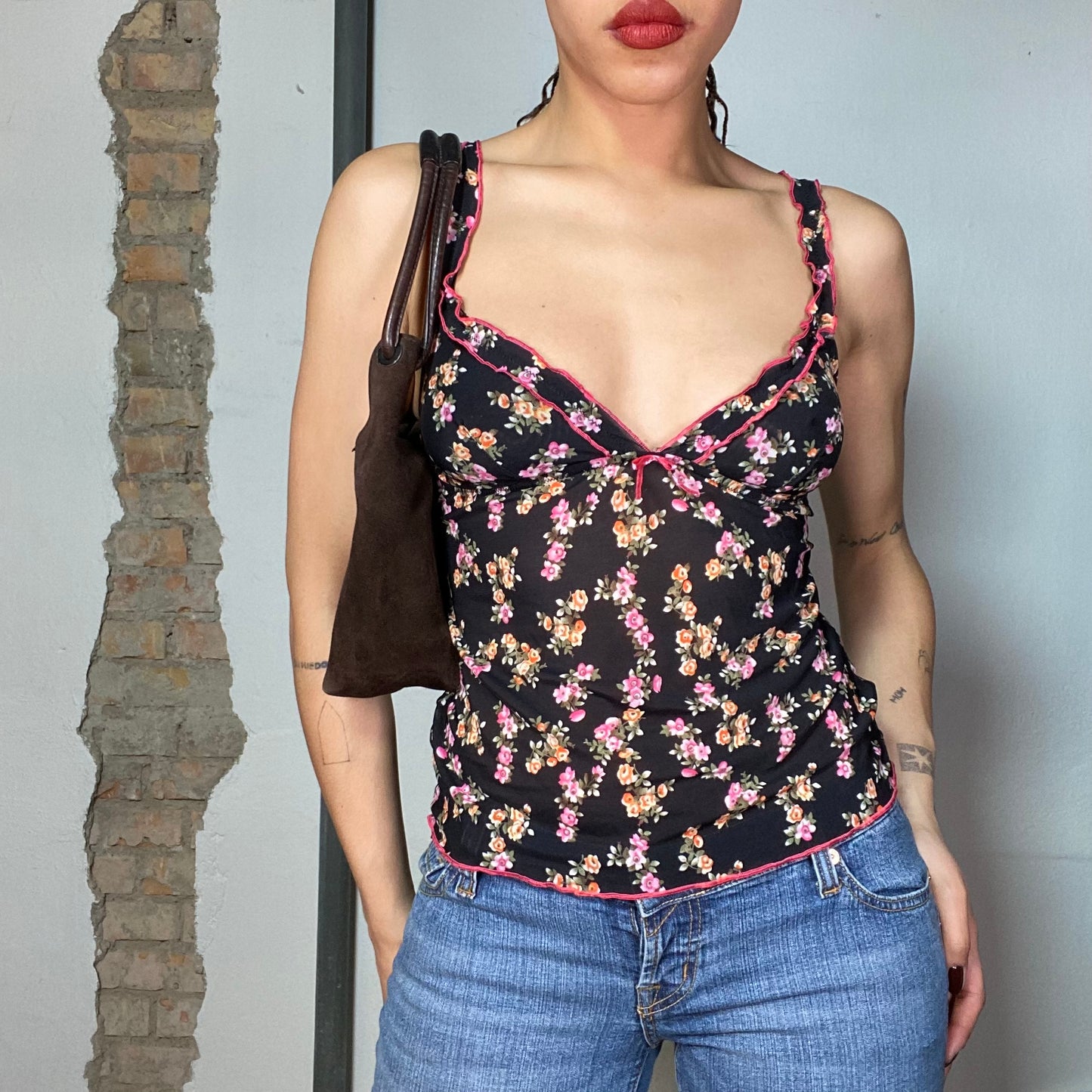 Vintage 2000's Fairy Black Floral Mesh Cami Top (S)