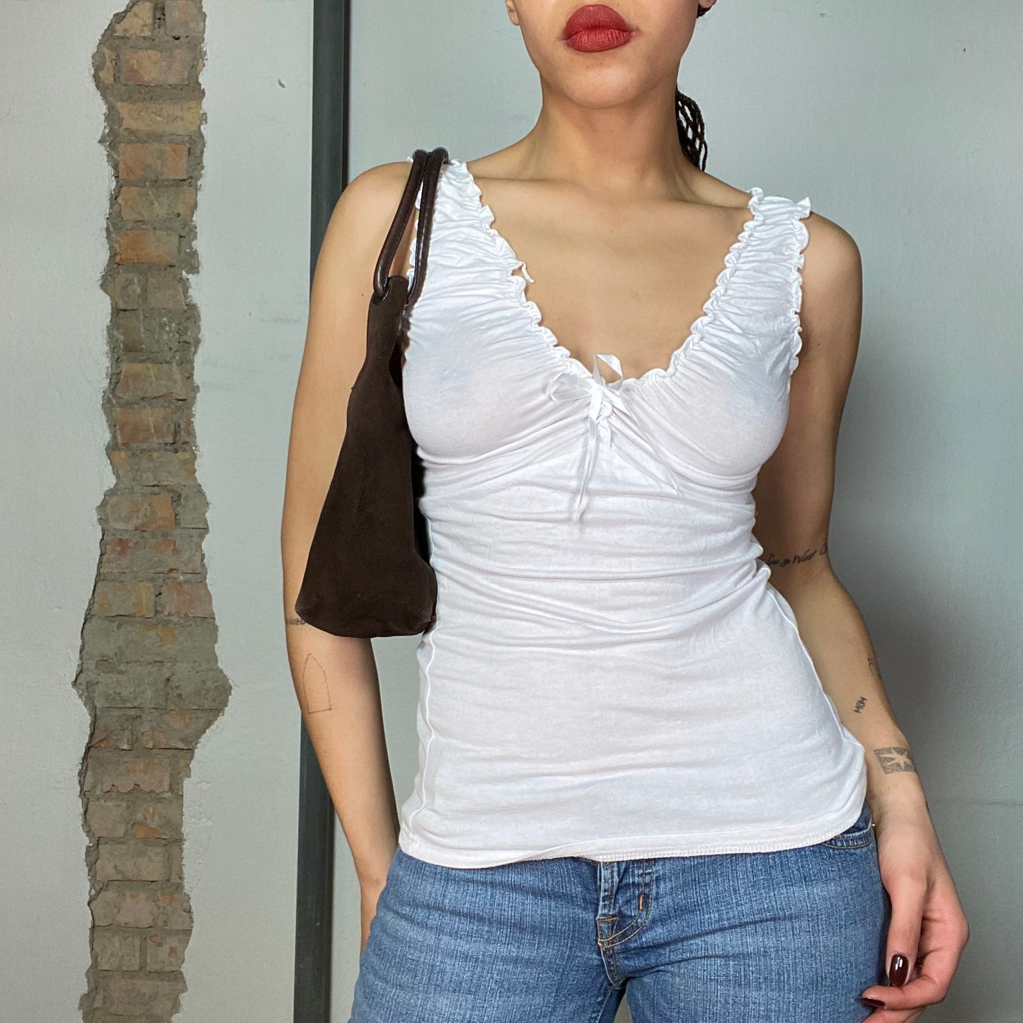 Vintage 2000's Milkmaid White Tank Top with Small Bow Detail (S)