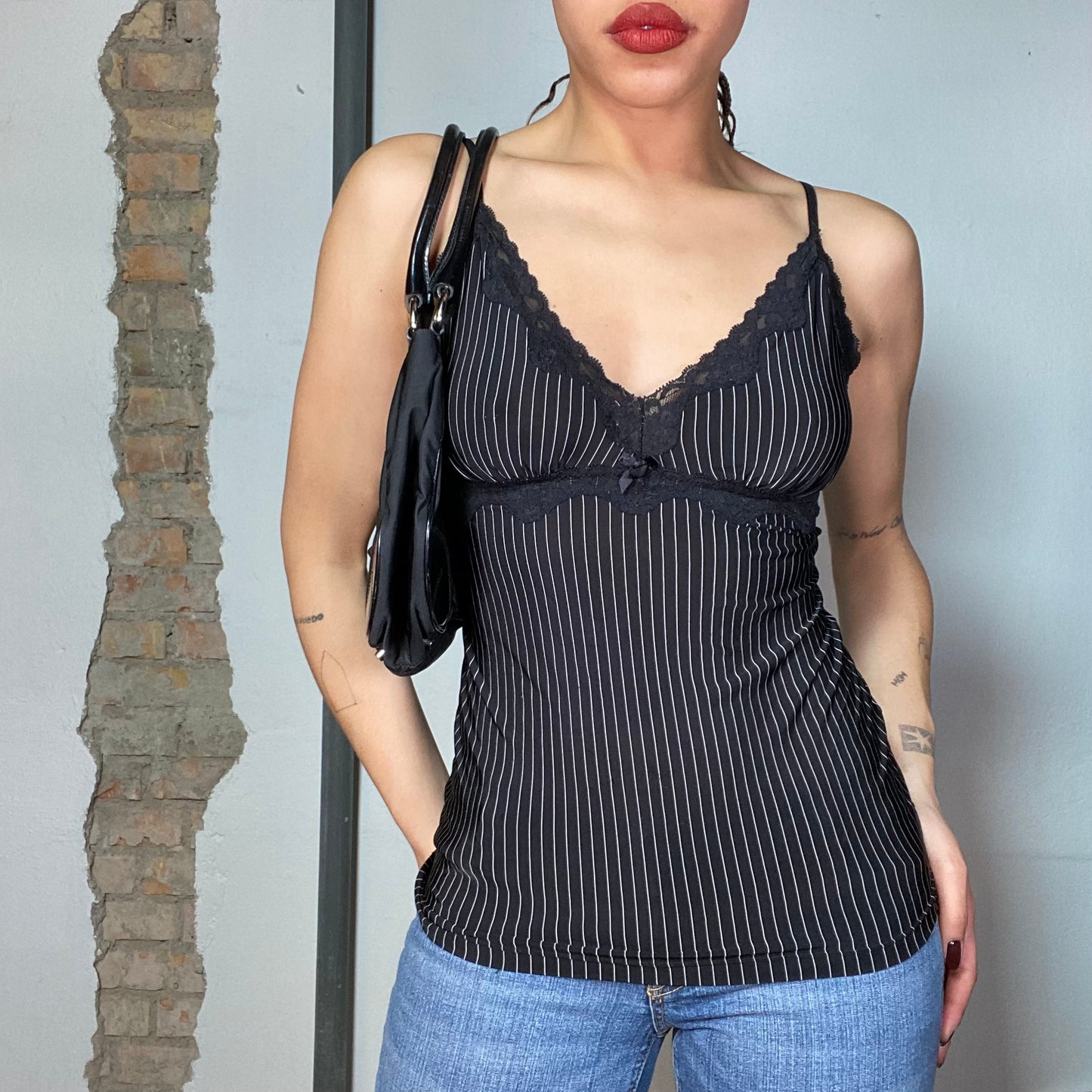 Vintage 2000's Model Off Duty Black Cami To with Pinstripes and Lace Details (S)