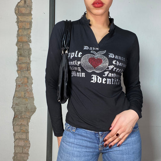 Vintage 2000's Goth Black Longsleeve with Rhinestone Apple and Writing Print (S)