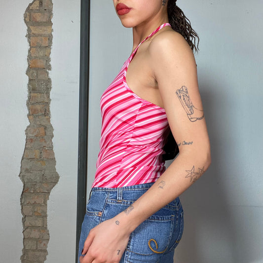 Vintage 2000's Summer Pink Striped Halter Neck Top (S)