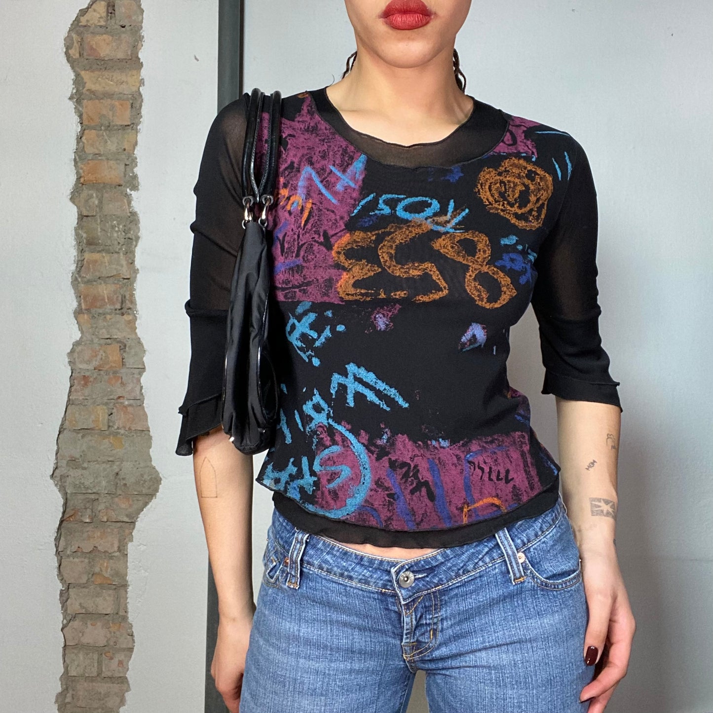 Vintage 2000's Grunge Black Mesh Midi Sleeve To with Funky Print (S)