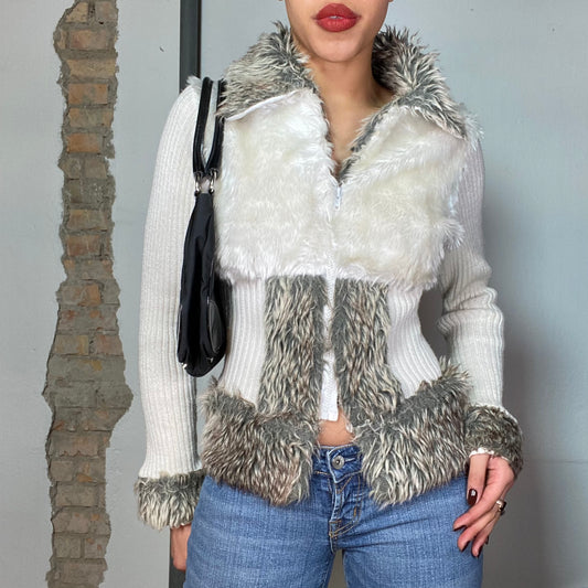 Vintage 2000's grunge White ribbed Knit and Faux Fur Jacket (S)