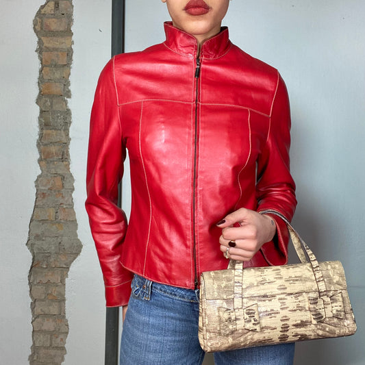 Vintage 2000's Bella Hadid Red Leather Jacket with White Contrast Stitching (S)