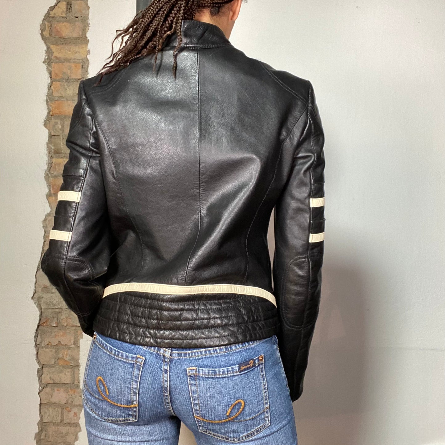 Vintage 2000's Bella Hadid Black Leather Racer Jacket with '32' Embroidery (S)