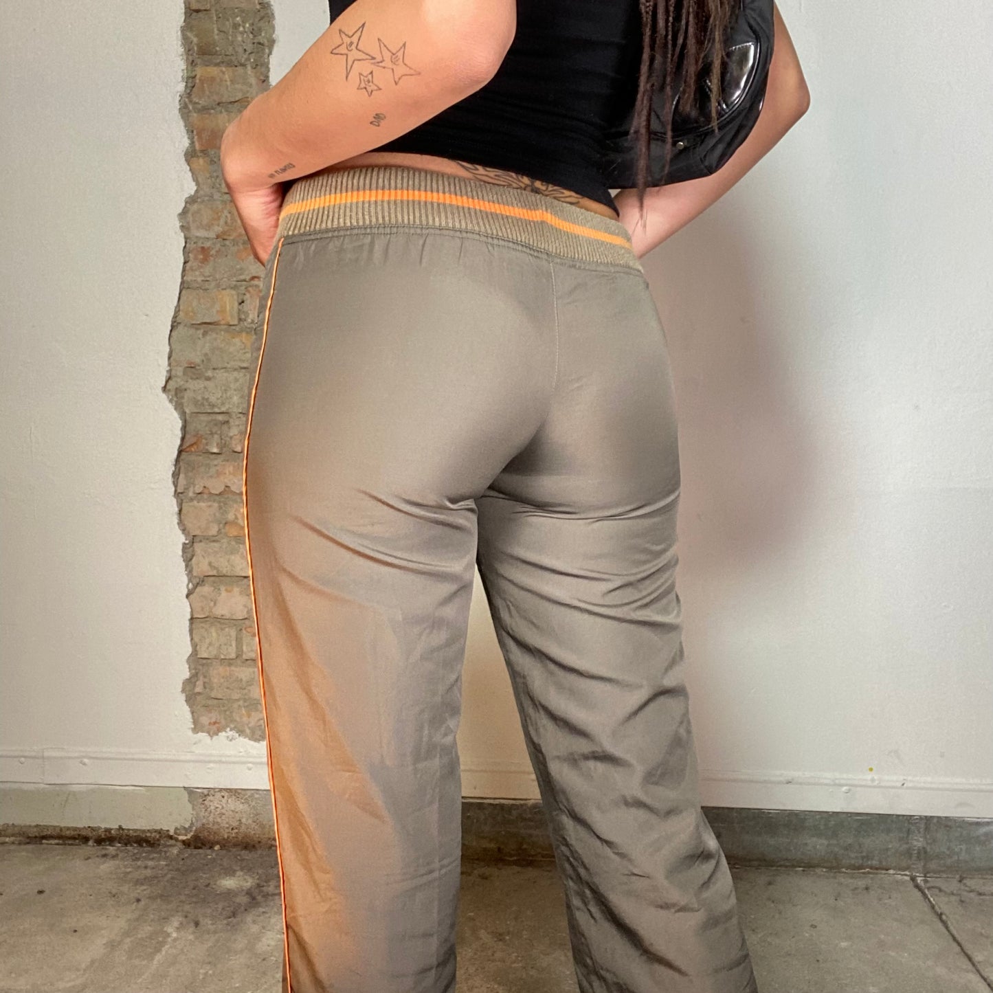 Vintage 90's Sporty Khaki Sweat Pants with Orange Side Stripe (S)