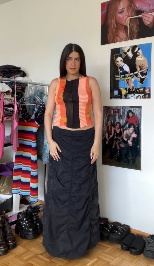 Vintage 90's Techwear Black Ruched Maxi Skirt (S/M)