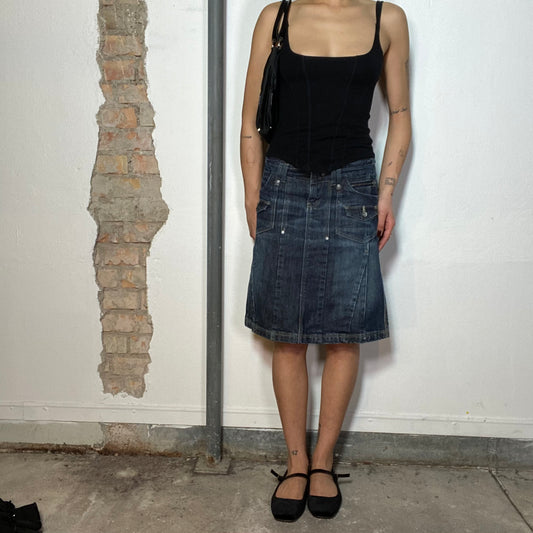 Vintage 90's Grunge Denim Midi Skirt with White Contrast Stitching (S)