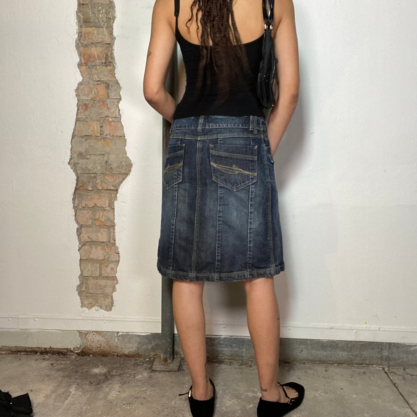 Vintage 90's Grunge Denim Midi Skirt with White Contrast Stitching (S)