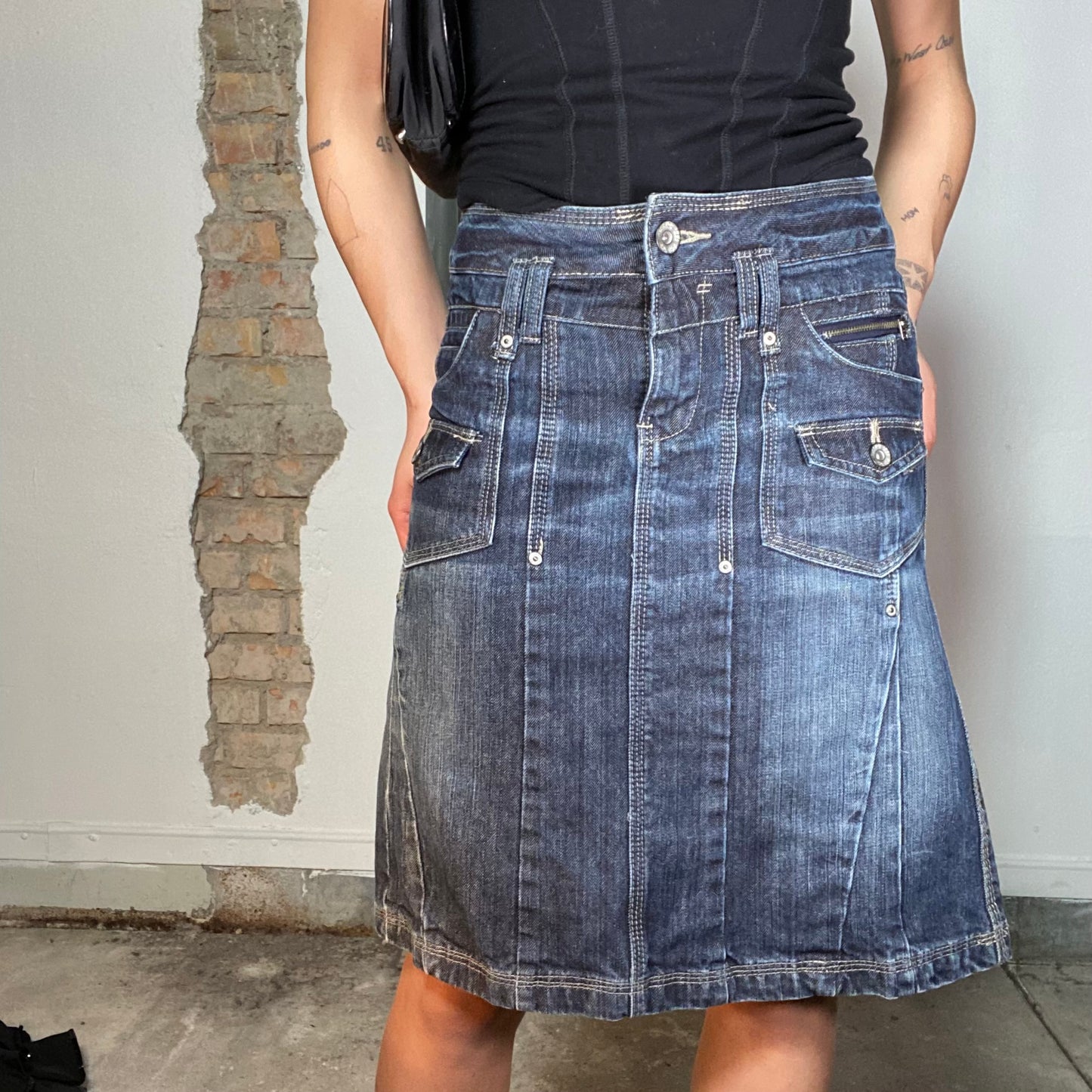 Vintage 90's Grunge Denim Midi Skirt with White Contrast Stitching (S)