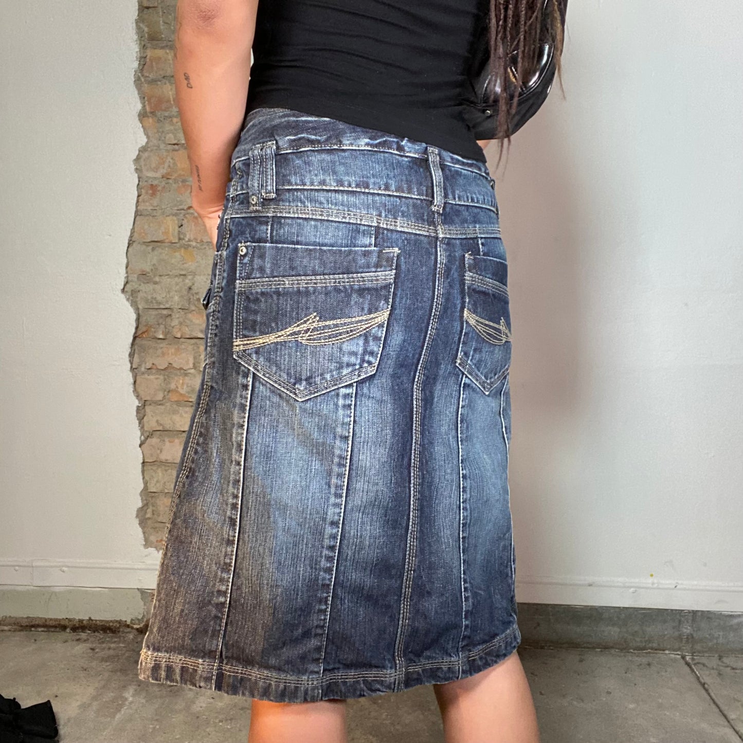 Vintage 90's Grunge Denim Midi Skirt with White Contrast Stitching (S)