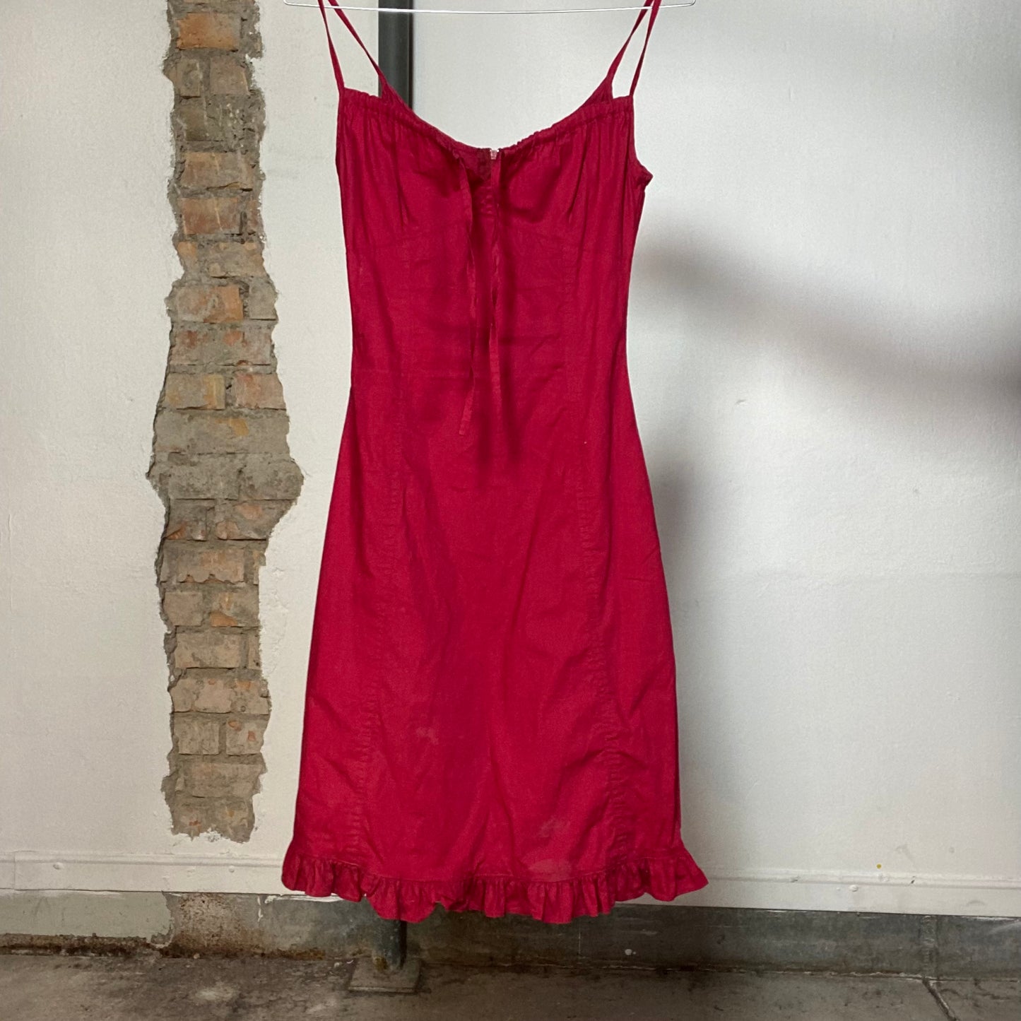 Vintage 2000's Summer Bordeaux Red Midi Dress with Ruffle Trim (XXS/XS)