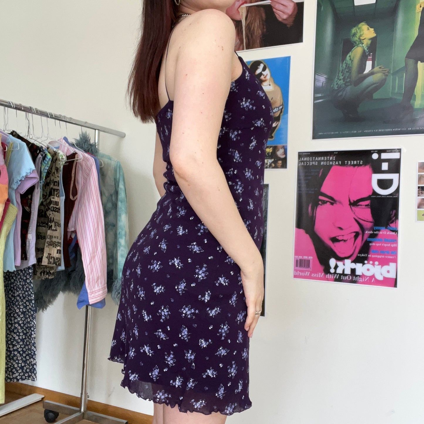 Vintage 90's Romantic Purple Floral Mesh Mini Dress (S/M)