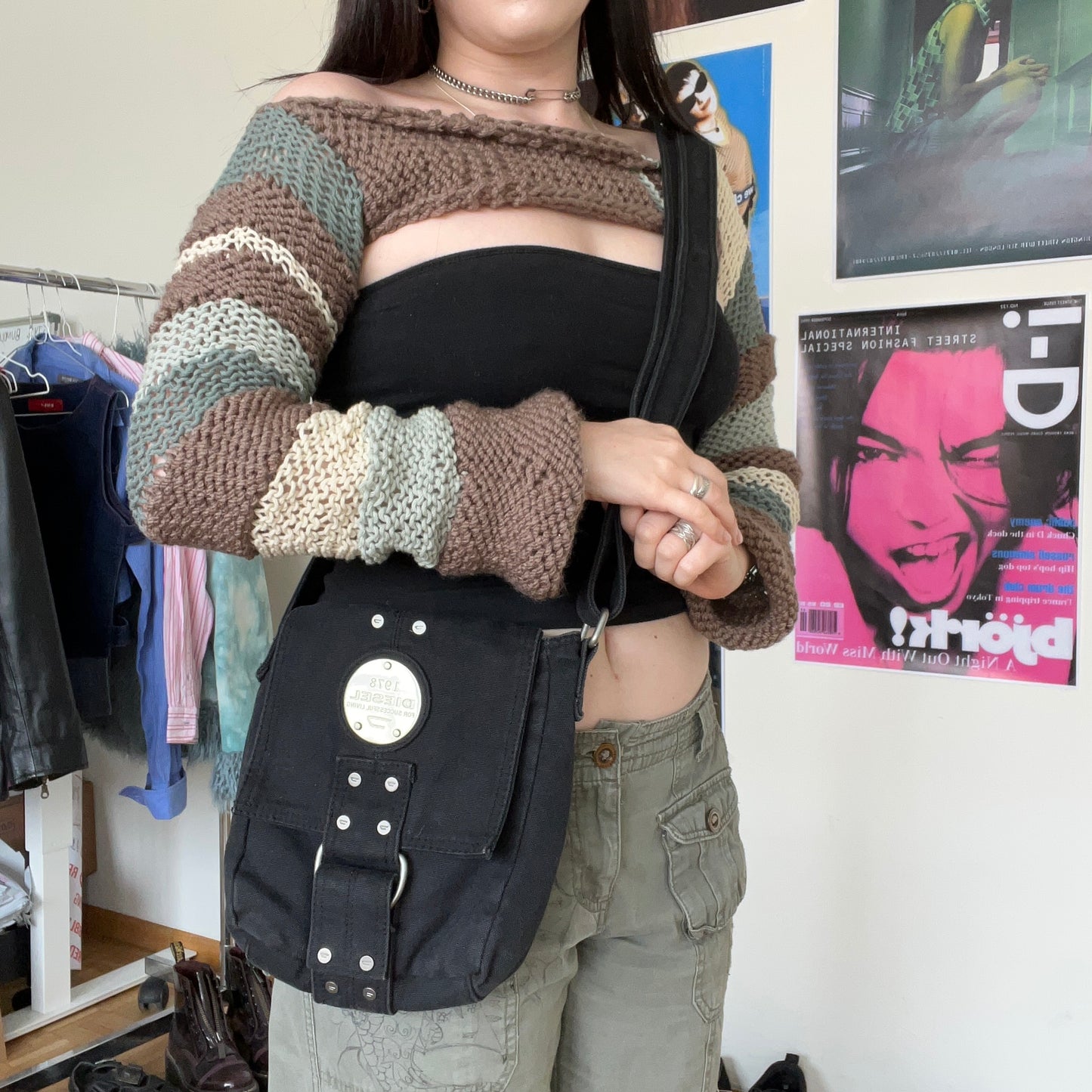 Vintage Y2K Diesel Black Crossbody Cargo Bag with Silver Logo Buckle