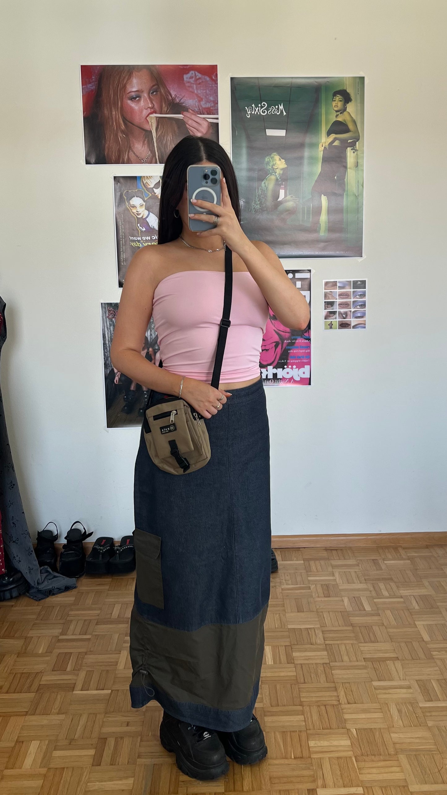 Vintage 90's Techwear Denim and Khaki Cargo Maxi Skirt (36 EU / UK 8 / US 4)