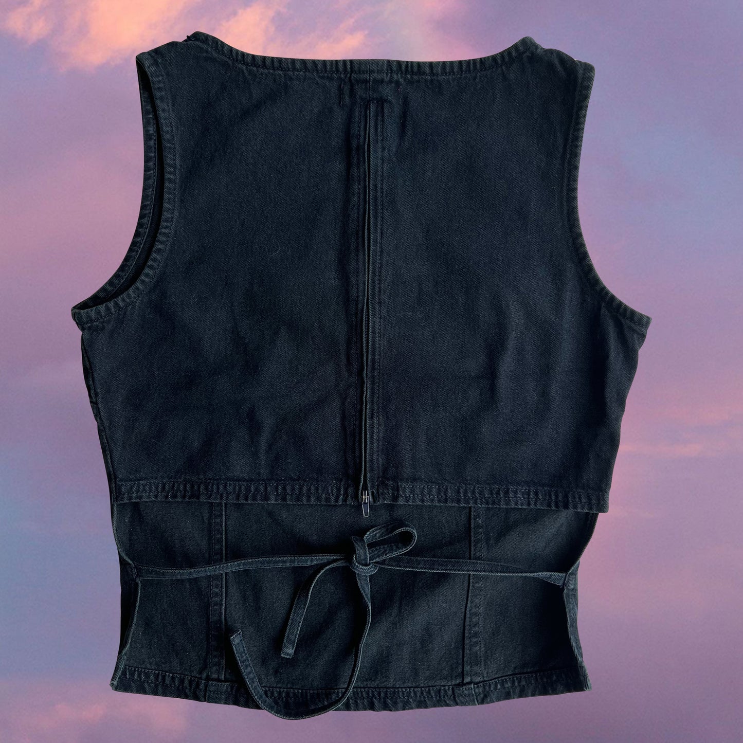 Vintage 90's Backless Black Denim Top with Lace-Up Back (S)