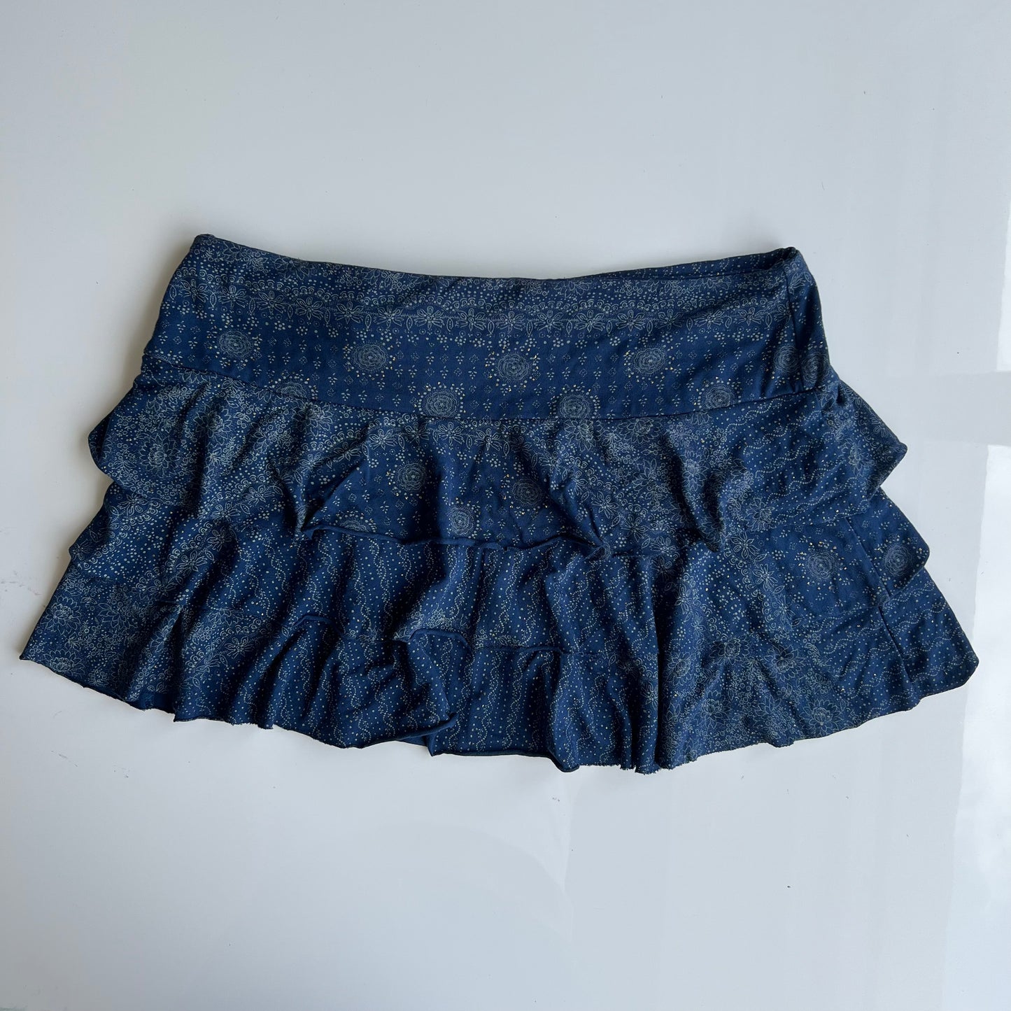 Vintage 90's Boho Blue Paisley Ruffle Mini Skirt with Drawstring (34 EU / UK 6 / US 2)