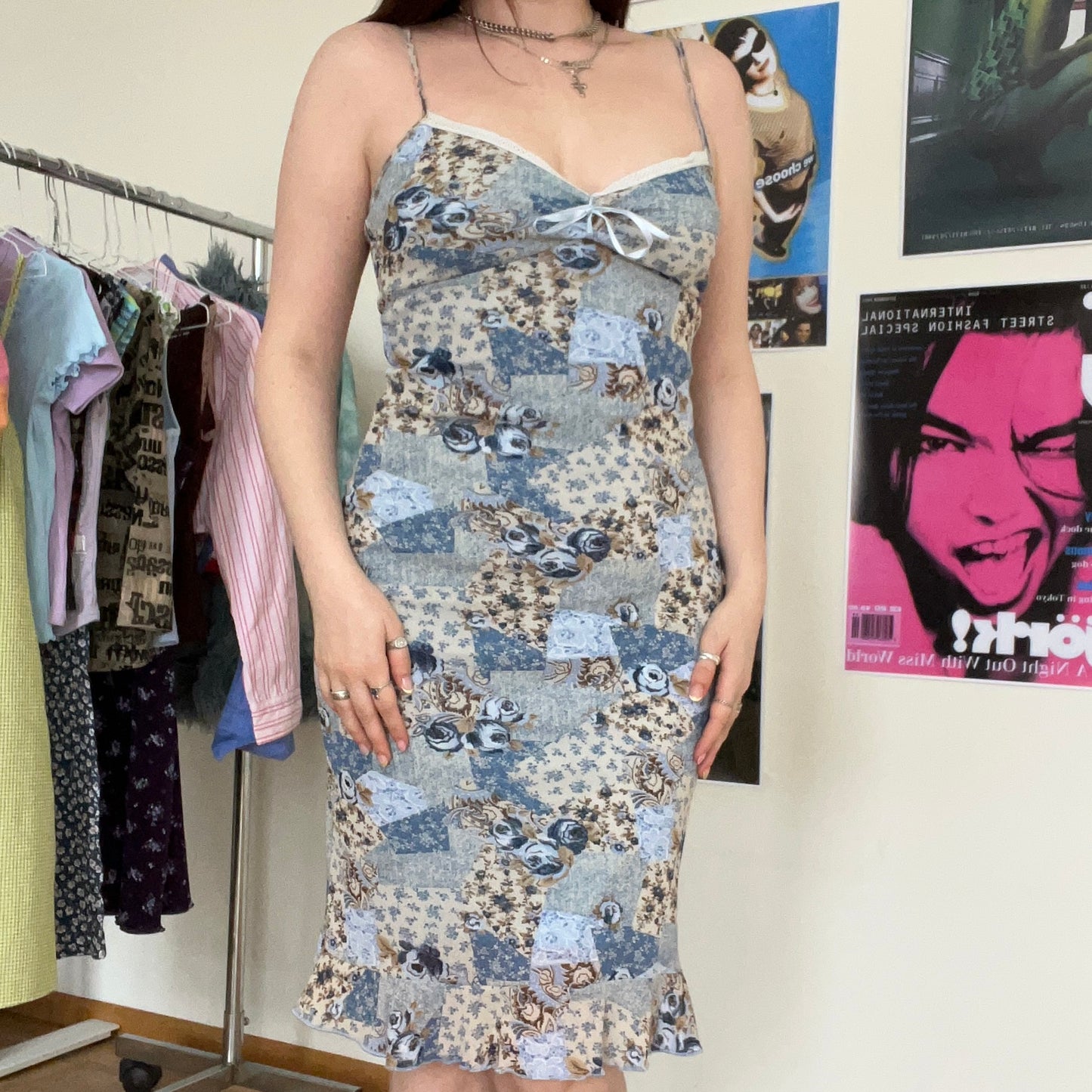 Vintage 90's Romantic Blue Floral Patchwork Midi Mesh Dress (M)