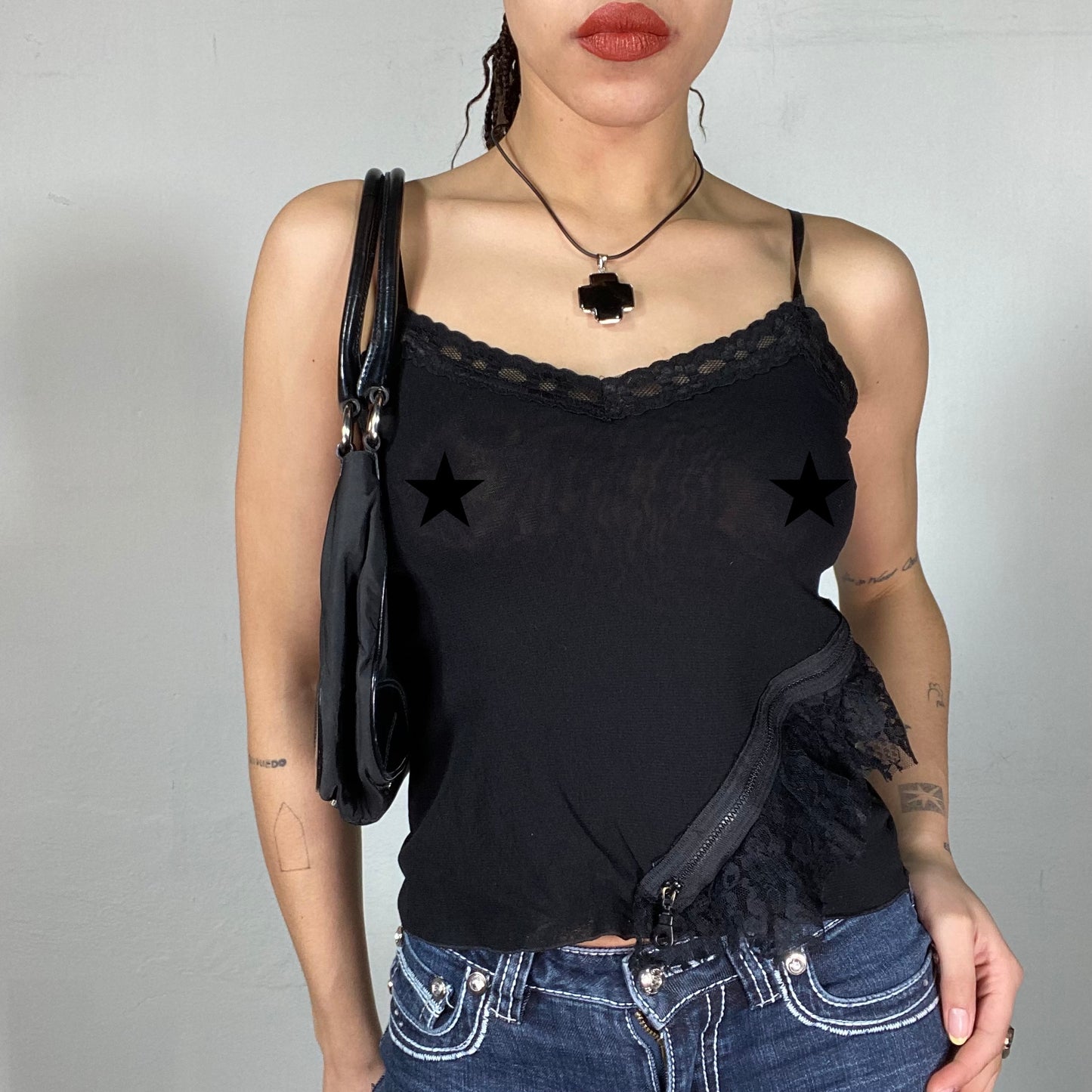 Vintage 2000's Grunge Black Mesh Cami Top with Zipper Detail (S)