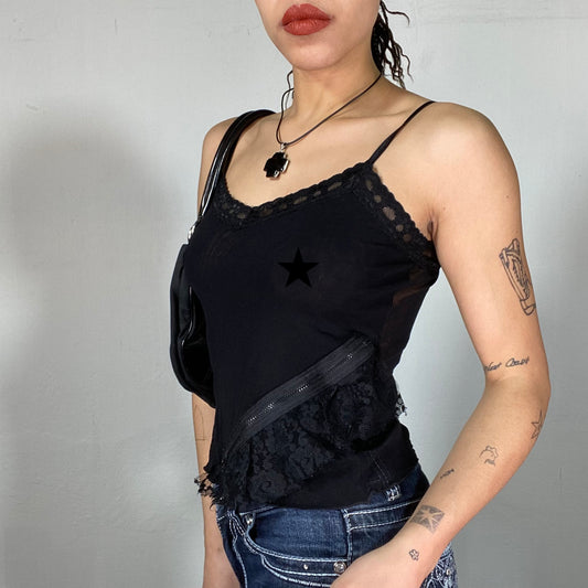 Vintage 2000's Grunge Black Mesh Cami Top with Zipper Detail (S)