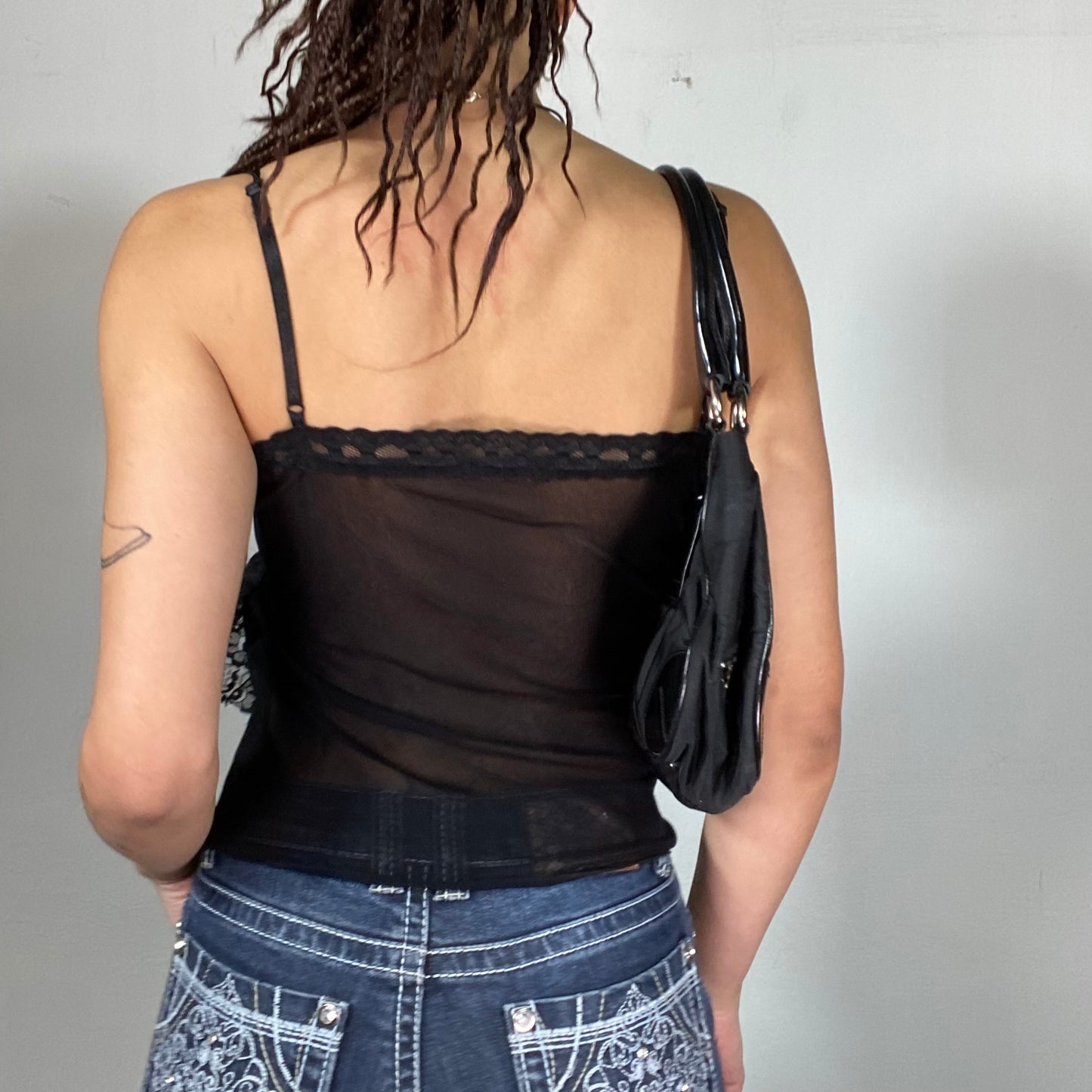 Vintage 2000's Grunge Black Mesh Cami Top with Zipper Detail (S)