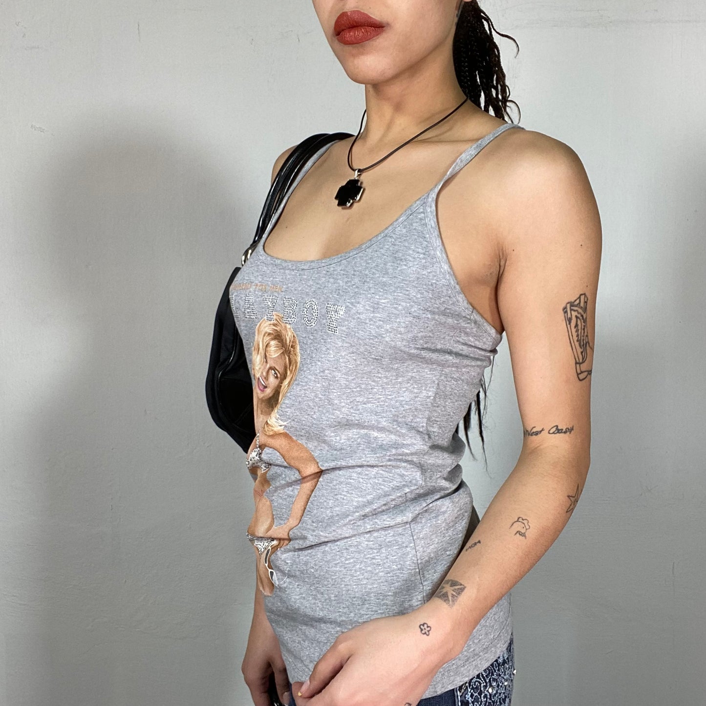 Vintage 2000's Playboy Grey Tanktop with Woman Print and Rhinestone Details (S/M)