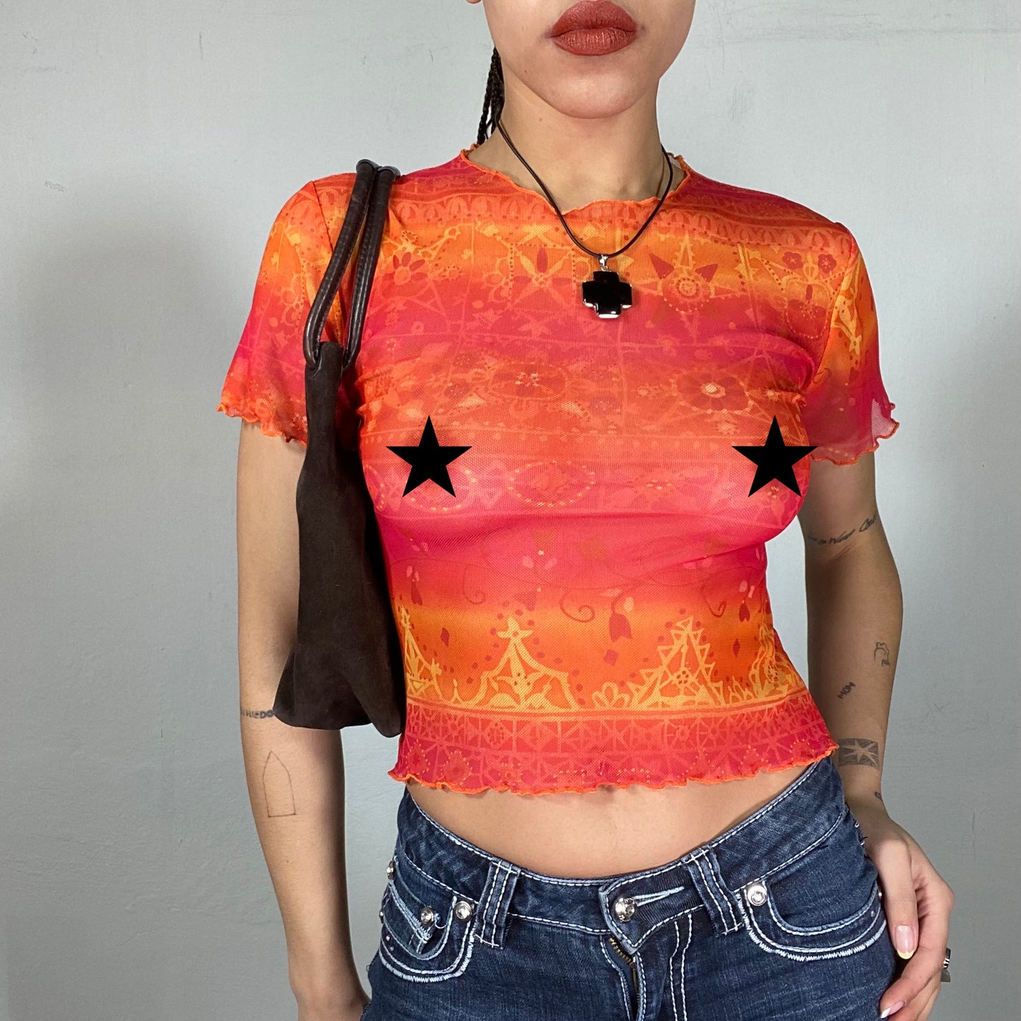 Vintage 90's Indie Orange Mesh Shirt with Ornament Print (S)