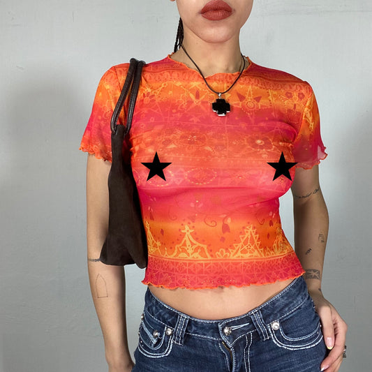 Vintage 90's Indie Orange Mesh Shirt with Ornament Print (S)