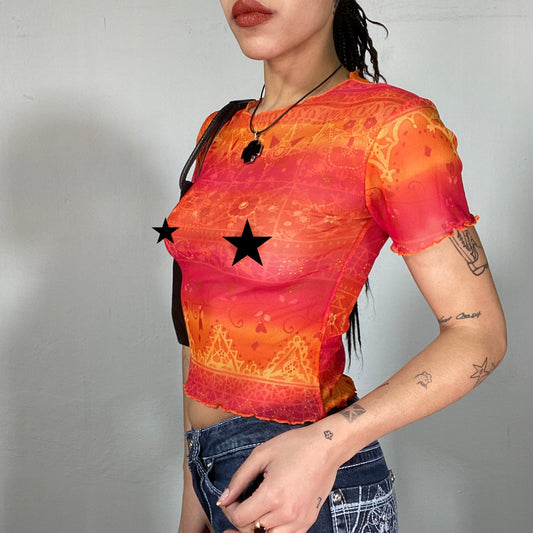 Vintage 90's Indie Orange Mesh Shirt with Ornament Print (S)