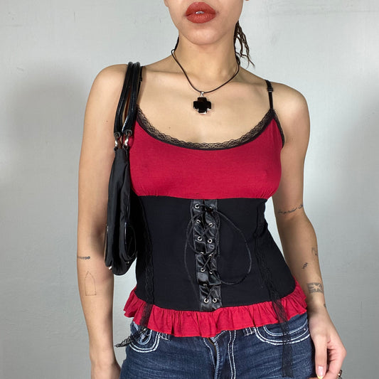 Vintage 90's Gothic Red Cami To with Black Waist Corset Part (S)