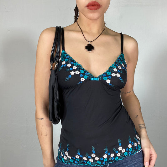 Vintage 90's Downtown Girl Black Cami Top with Blue flower Embroidery (S)