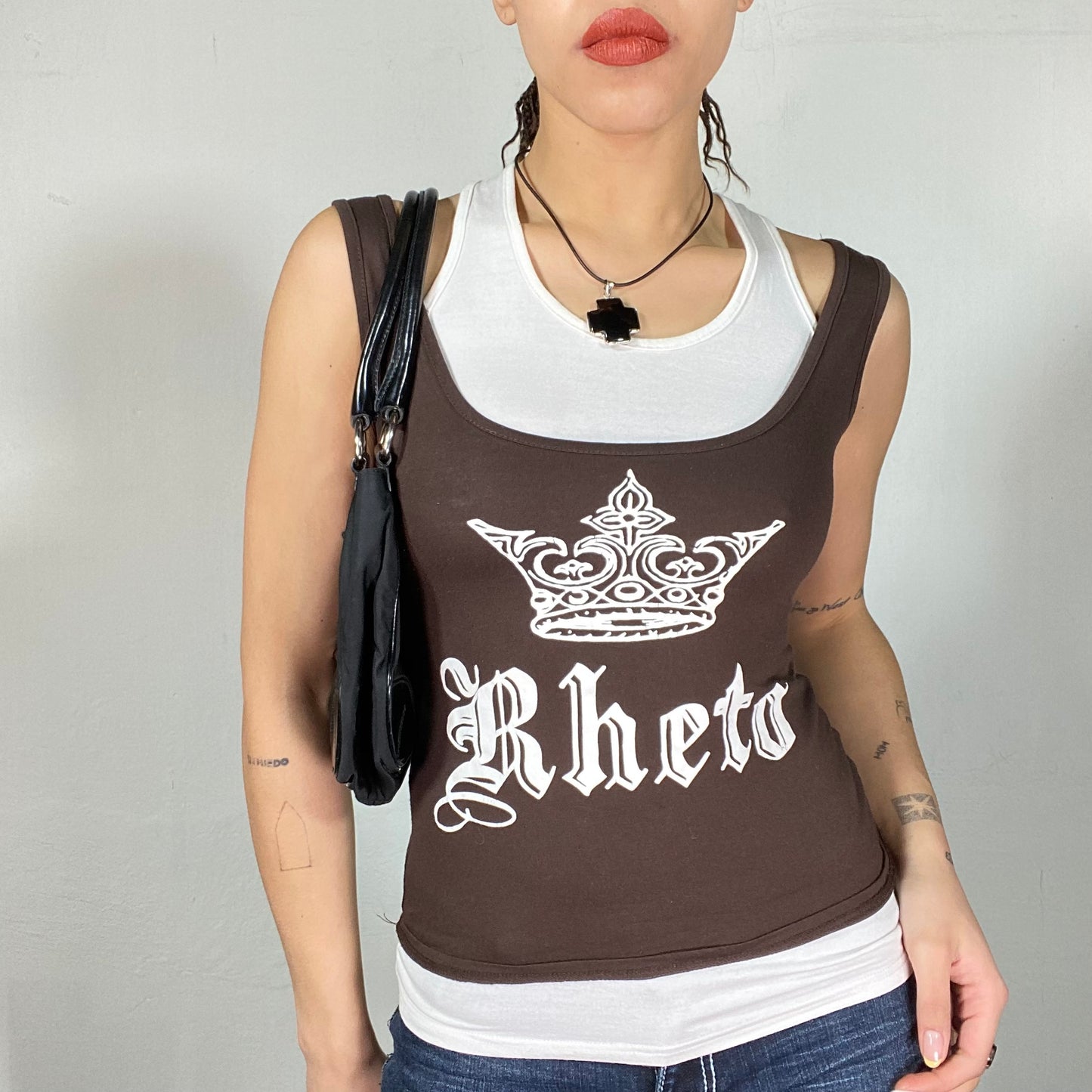 Vintage 2000's Grunge Brown Tank Top with White Cami Underneath (S)