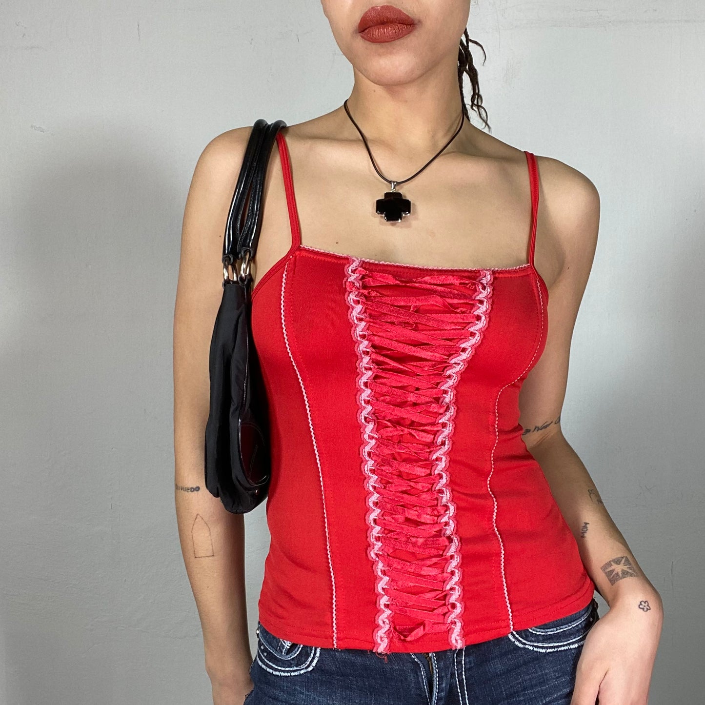 Vintage 2000's Gothic Red Cami Top with Lace Up Detail (XS/S)