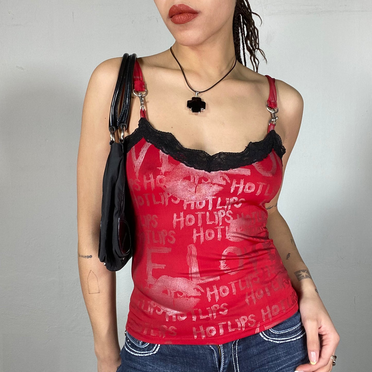 Vintage 2000's Grunge Red Cami Top with Writing Print and Black Lace (S)