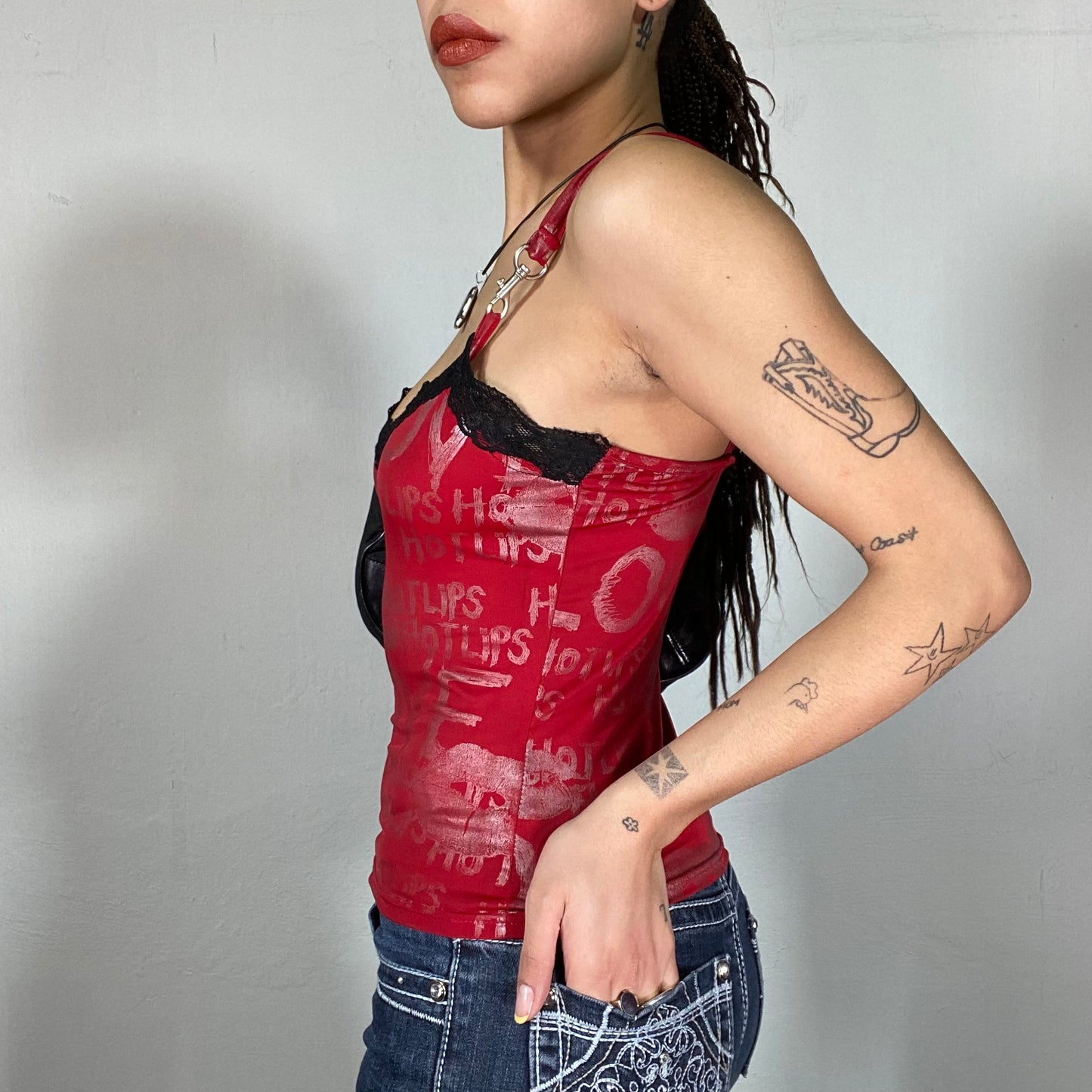 Vintage 2000's Grunge Red Cami Top with Writing Print and Black Lace (S)