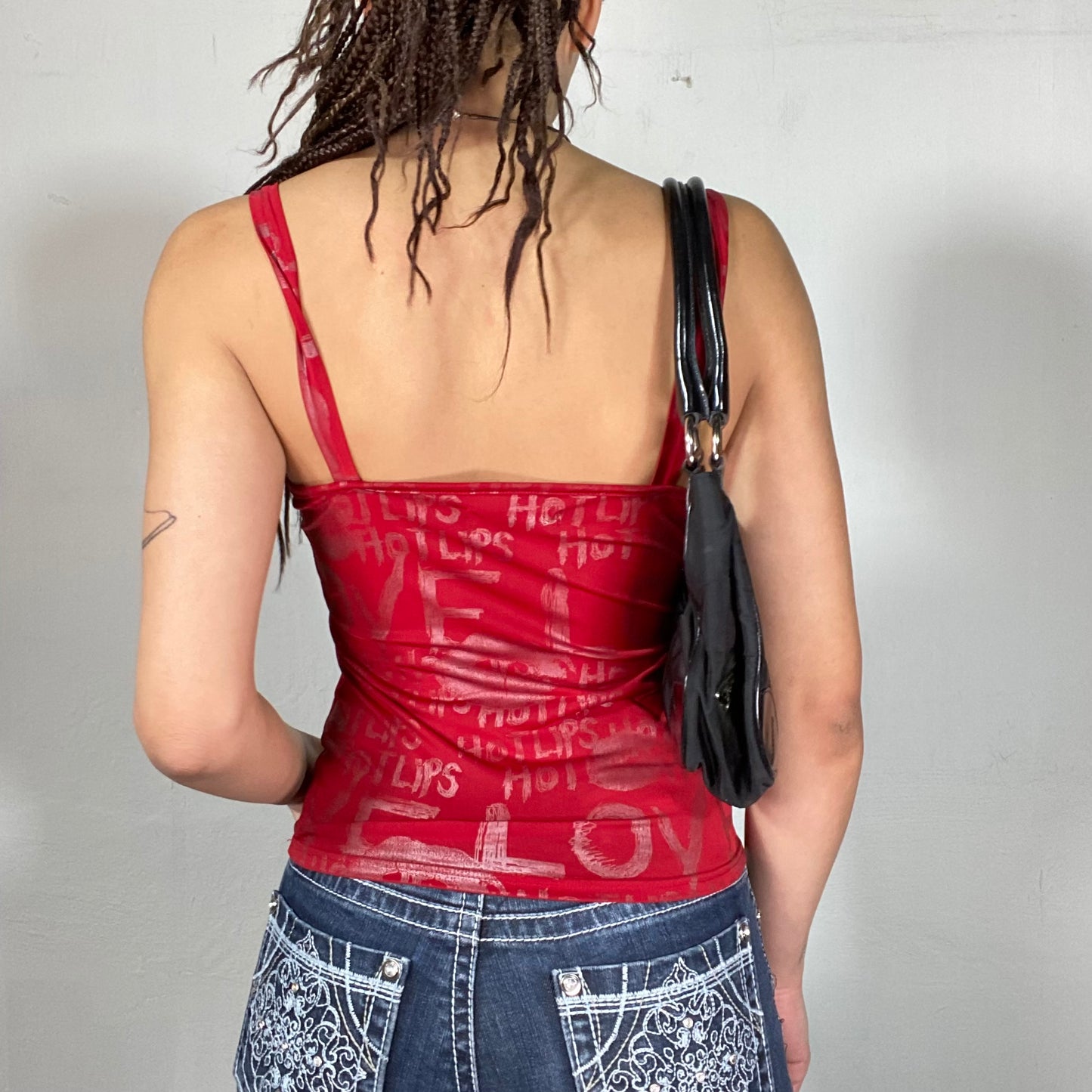 Vintage 2000's Grunge Red Cami Top with Writing Print and Black Lace (S)