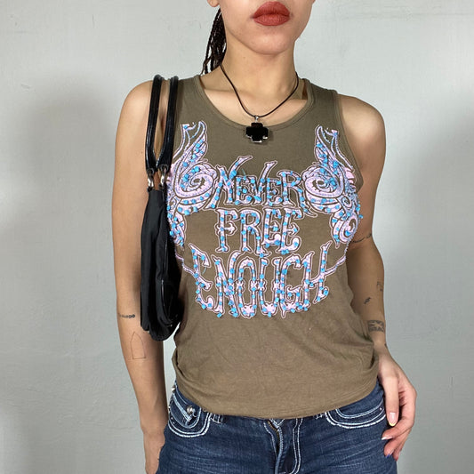 Vintage 2000's Grunge Khaki Tank Top with Pink 'Never Free Enough' Print and Beads (M)