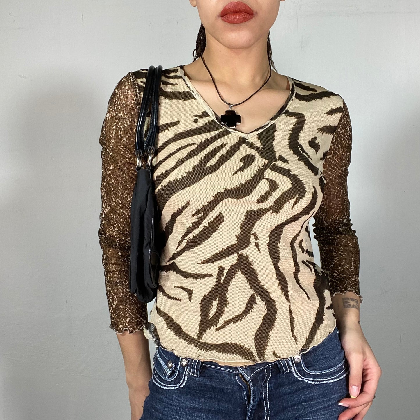 Vintage 2000's Funky Beige Zebra Print Top with Mesh Snake Print Sleeves (M)