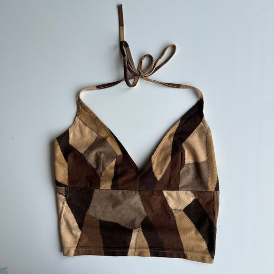 Vintage 90's Boho Backless Tan and Brown Patchwork Halter Top (XXS/XS)