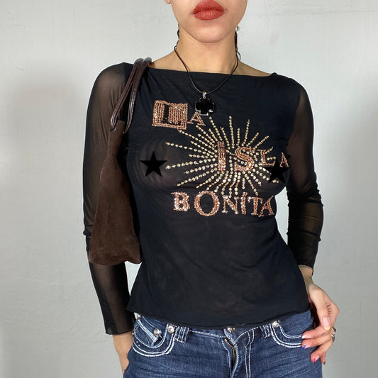 Vintage 2000's Funky Black Mesh Top with 'La Isla Bonita' Beaded Print (S/M)