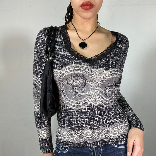 Vintage 2000's Funky Black and White Longsleeve Top with Lace Print (S)