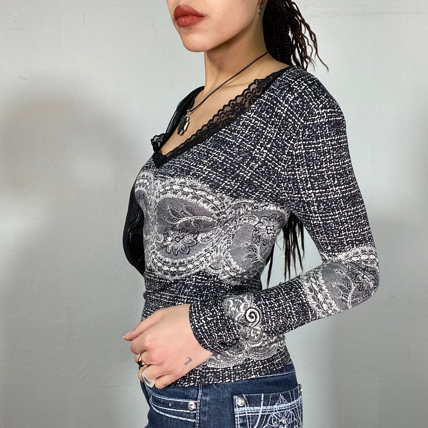 Vintage 2000's Funky Black and White Longsleeve Top with Lace Print (S)