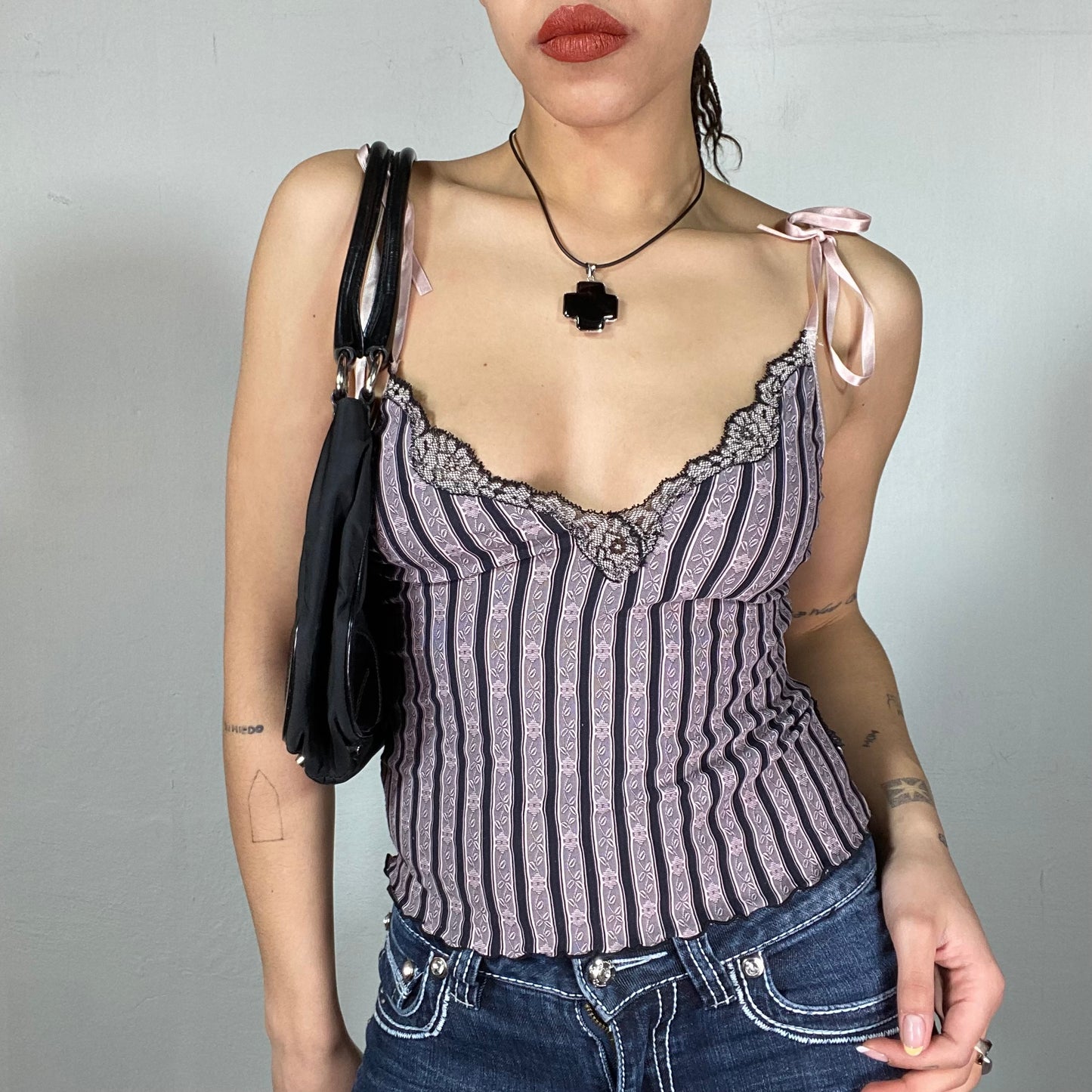 Vintage 90's Grunge Black and Pink Stripped Cami Top with Lace and Ribbon Detail (S)