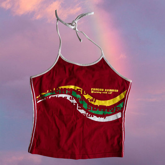 Vintage 90's Sporty Red Halter Top with Wavy Print (S)