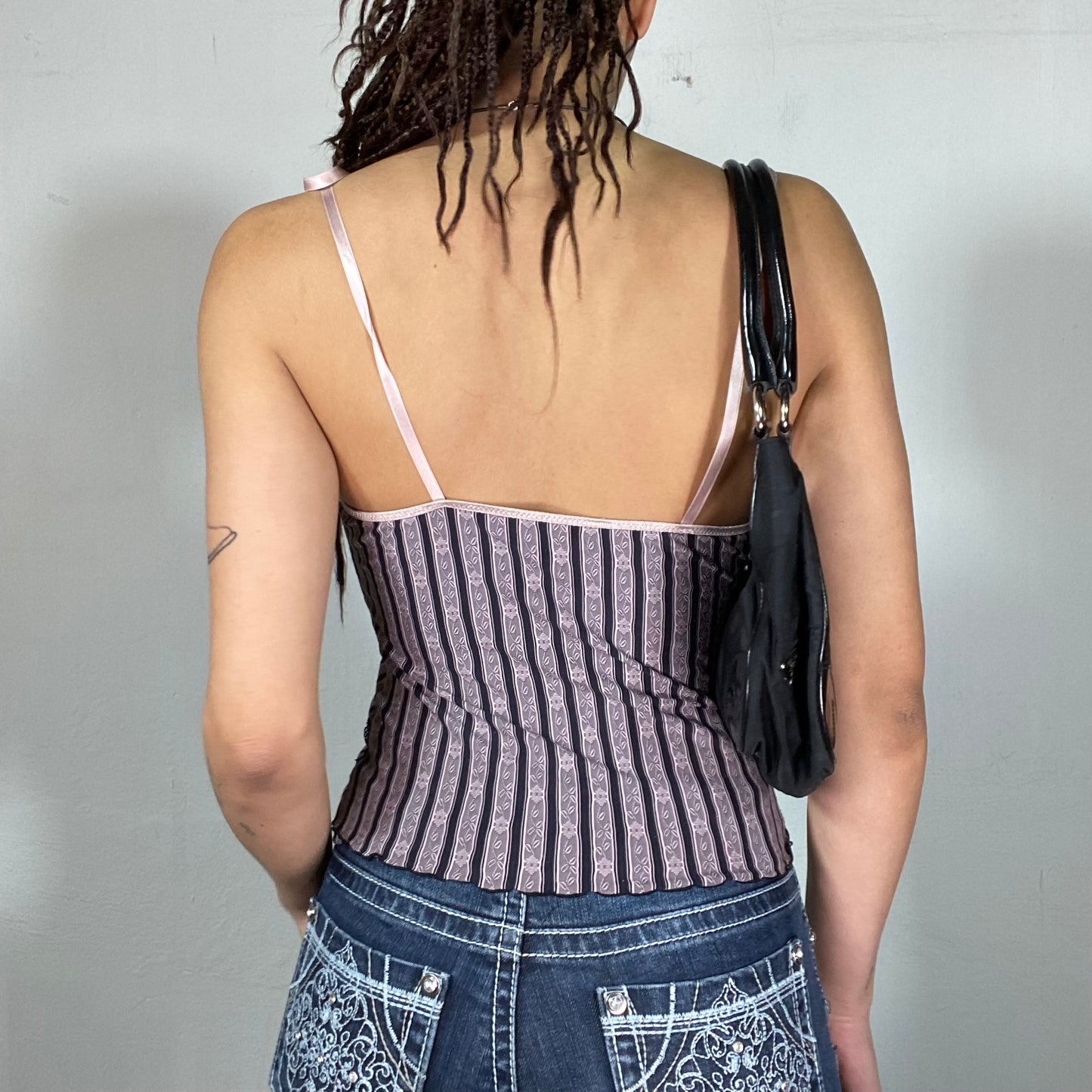 Vintage 90's Grunge Black and Pink Stripped Cami Top with Lace and Ribbon Detail (S)